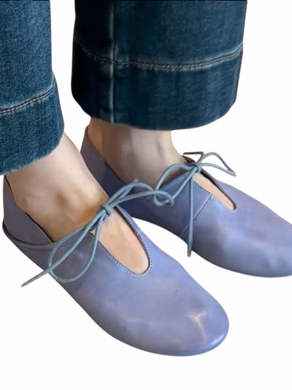 New Blue Faux Leather Tie-Up Ballet Flats.